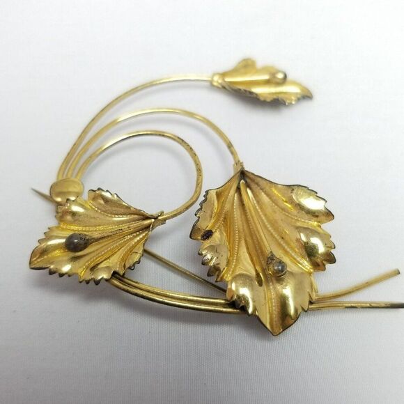 Vintage Sterling Silver Gold Plated Spiral Leaf Design Brooch, Large Estate - Picture 8 of 8